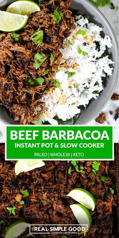 beef barbacoa instant pot and slow cooker recipe with limes on top