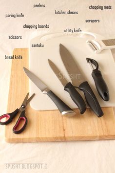 a cutting board with four knives on top of it and instructions to cut them up