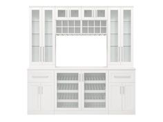 a white cabinet with glass doors and shelves