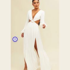 New With Tags, White Maxi Dress With Chain Ring And Slits, Has Bodysuit As Underneath Garment Elegant Cutout Maxi Dress For Brunch, Elegant Split Dress For Brunch, Elegant Brunch Dress With Split, Chic White Split Maxi Dress, Gold Maxi Dress, White Maxi Dress, Cutout Maxi Dress, Maxi Dress Formal, White Maxi