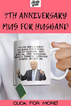 a person holding a coffee mug with an image of a man giving the thumbs up