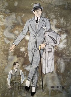 a drawing of a man in a suit and hat with a cane walking next to another man