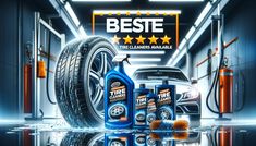 three different types of tire care products in front of a car with the words beste on it