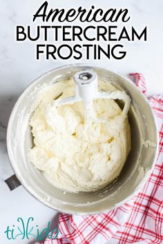 an american buttercream frosting recipe in a food processor with the title overlay