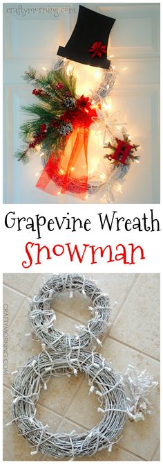 an image of a wreath with lights on it and the words grapevine wreath snowman