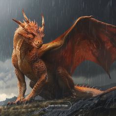 a red dragon sitting on top of a rock in the rain with it's wings spread