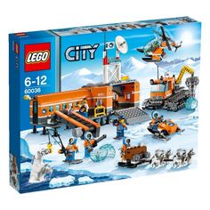 the box contains lego city sets and instructions for building an ice station with snow - capped mountains in the background