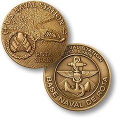 two gold coins with an image of the navy seal on one side and an anchor on the other