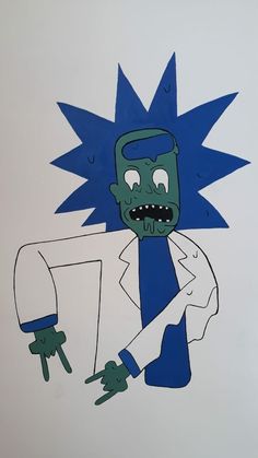 a drawing of a cartoon character with blue hair and green eyes, holding a knife