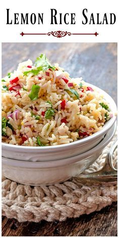 a white bowl filled with lemon rice salad