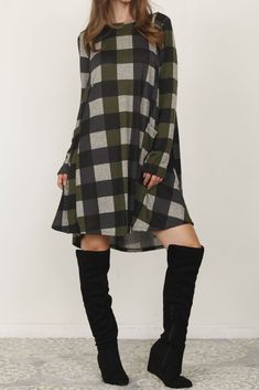 Olive Checkered A-Line Mini Dress_Plus Womens Shift Dresses, Long Sleeve Shift Dress, Plaid Fashion, Buffalo Check, Piece Of Clothing, Dress Making, Shift Dress, Buffalo, Womens Bottoms