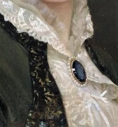 an old painting of a woman wearing a black and white dress with a blue brooch