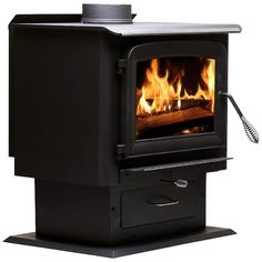 a black stove with flames in it and a wooden stick sticking out of the top