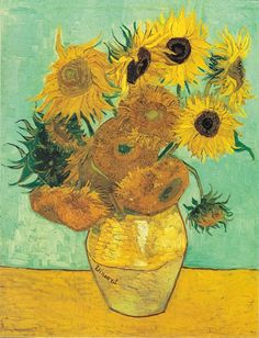 a painting of sunflowers in a vase on a table