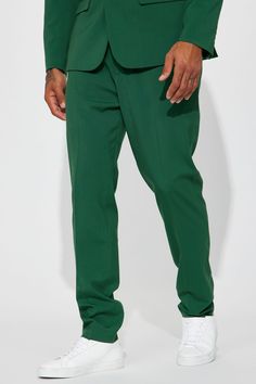 Available In Hunter. Button Closure Zip Fly Side Hand Pockets Slim Fit Inseam is 33 , can be tailored Pair with The Modern Stretch Suit Jacket Shell: 65% Polyester 33% Viscose 2% Spandex Lining: 100% Polyester Imported | Mens The Modern Stretch Slim Trouser in Hunter size 42 by Fashion Nova Green Stretch Dress Pants For Business Casual, Fitted Single Breasted Bottoms For Business Casual, Classic Green Fitted Dress Pants, Green Slim Fit Bottoms For Work, Green Tailored Casual Suit, Casual Single Breasted Fitted Bottoms, Tailored Green Dress Pants For Fall, Green Slim Fit Pants For Work, Casual Single-breasted Fitted Bottoms