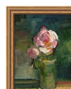 a painting of pink roses in a green vase