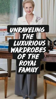 a woman standing in front of a table with a sign on it that says unraveling the luxurious wardrobes of the royal family