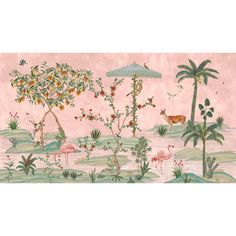 a painting with flamingos, trees and birds in the foreground on a pink background