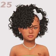 an animated image of a woman with curly hair and pearls on her head, wearing a necklace