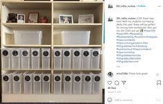 a book shelf filled with plastic containers and pictures on top of eachother in front of an instagram tweet