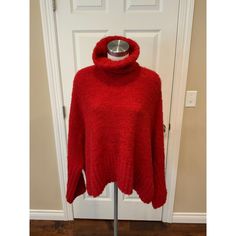 Women's Red Sweater From Smythe X Augden Size: Small Chest: 35-36" Length Measured Back Collar To Bottom: 26" Length Of Sleeves (Neckline To End Of Sleeve): 31" * Long Sleeves * Turtleneck * Oversized Fit Materials: 40% Alpaca, 35% Acrylic, 25% Wool Condition: In Great Condition With No Stains, Rips Or Tears! Please Let Me Know If You Have Any Additional Questions And Feel Free To Check Out My Other Listings. Thanks! 39001 Red Wool Knitted Outerwear, Red Long Sleeve Poncho, One Size, Red Wool Sweater For Fall, Oversized Red Poncho For Winter, Red Oversized Poncho For Winter, Cozy Red Wool Sweater, Red Knitted Outerwear, Oversized Red Wool Outerwear, Red Oversized Wool Outerwear