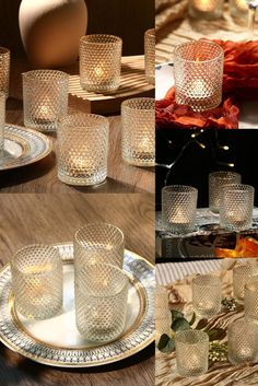 several different shots of candles and plates on a table