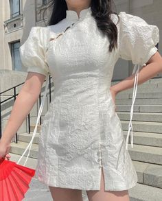 Qipao Inspired Dress, Lunar New Year Clothes, Lunar New Year Dress, Chinese Lunar New Year Outfit, Lunar New Year Outfit Casual, Lunar Outfits, Chinese New Year Outfits, Lunar New Year Outfit, White Dress Ideas