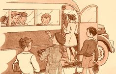 an old drawing of children on a bus with their parents looking out the window at them