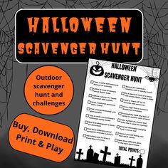 a halloween scavenger hunt is shown with the text, buy print and play