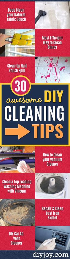 the ultimate diy cleaning tips guide is shown in red, white and blue colors