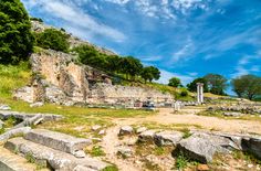 the ruins of an ancient greek city are surrounded by greenery and trees on a sunny day