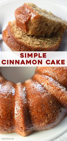 a bundt cake on a white plate with the words simple cinnamon cake above it