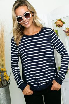 STRIPE AND SOLID JERSEY MIXED ROUND NECK LONG SLEEVE HIGH LOW TOP Trendy Blue Top With Contrast Stripes, Navy Top With Contrast Stripes For Fall, Casual Blue Tops With Contrast Stripes, Navy Crew Neck Top With Contrast Stripes, Crew Neck Tops With Contrast Stripes For Layering, Navy Long Sleeve Tops With Contrast Stripes, Trendy Long Sleeve Tops With Contrast Stripes, Casual Striped Long Sleeve Top For Spring, Spring Tops With Contrast Stripes And Stretch