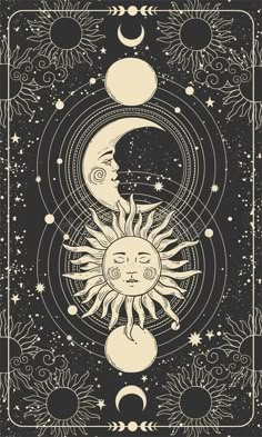 the sun and moon are depicted in this tarot card design, which is drawn by hand