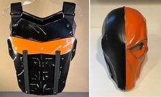 WWW.MAXXGREY.COM. LISTING IS FOR THE DEATHSTROKE CHEST: FRONT AND BACK AND MATCHING MASK ONLY. I have the matching shoulders, staff and the entire full build listed as well. The matching shoulders are shown with the chest in the final pic. Arkham Origins Deathstroke/ Slade chest FRONT AND BACK ARMOR comes painted with or without damage, just message me. Matte Black/ True Orange shown in pics. I have Gunmetal/ Fire Orange and Navy Blue/ True Orange listed as well. Professionally made out of industrial Ethylene-vinyl acetate foam, secured with industrial cement and binding post. It's extremely durable. It has adjustable straps that go over the shoulders with 2 more straps, two on each side with snap buckles that secure across your lower back for extra support. Deathstroke mask and back plate Deathstroke And Red Hood, Deathstroke Suit Design, Black Mask Daredevil, Deathstroke Mask, Deathstroke Animated, Comic Costume, Arkham Origins, Fire Orange, Deathstroke