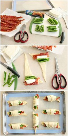 the process for making finger sandwiches is shown with green beans, bacon and cheese on them