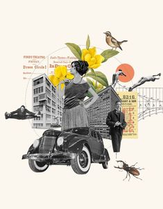 a collage of people, birds, and flowers with an old car in the foreground