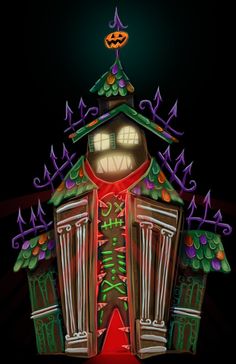 an artistic image of a house with decorations on the roof and door in the dark