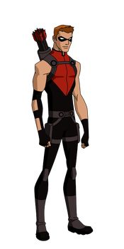 the animated character is dressed in black and red, with an arrow on his chest