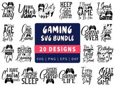 gaming svg bundle with 20 designs for the game logo and other lettering styles on it