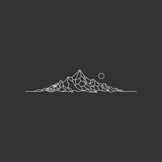 a black and white drawing of mountains with the moon in the sky above them on a dark background