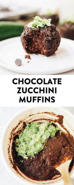 chocolate zucchini muffins with green frosting in a white bowl on a table