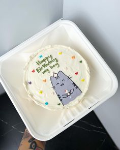 a birthday cake with white frosting and a cat design on the top is in a plastic container