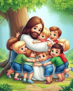 a group of children hugging each other in front of a tree with jesus on it