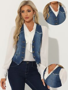 Shop Allegra K for Denim Vest Sleeveless Collarless Washed Distressed Jean Jacket you are looking for, get more women's Demin Jackets for yourelf. Order now! Free Returns! Womens Tailored Suit, Demin Jacket, Distressed Jean Jacket, Jean Vest, Edgy Look, Denim Design, Womens Clothing Sizes, Denim Vest, Denim Wash