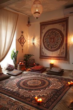 a living room filled with lots of rugs and candles