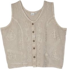 A pixie yet casual aesthetic embroidered sleeveless collarless neck shirt top. With its soft rayon material and sleeveless style, the top is perfect for the summertime. #tlb #Embroidered #Misses #vintagetop #renaissancetop #oldstyletop Casual Embroidered Fitted Tank Top, Casual Summer Blouse Vest, Casual Beige Beach Vest, Casual Beige Vest For Beach, Casual Short Sleeve Vest For Summer, Summer Sleeveless Embroidered Cotton Top, Casual Sleeveless Rayon Top, Bohemian Embroidered Vest For Summer, Cotton Short Sleeve Summer Vest