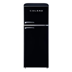 a black refrigerator freezer sitting on top of a white wall with the word galaanz written on it