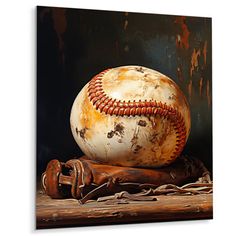 an old baseball sitting on top of a wooden base ball and mitt canvas wall art print