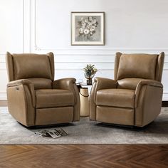 two recliners sitting next to each other on a rug in a living room